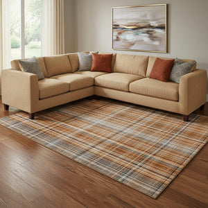 HomeRoots 8' X 10' Washable Terra Cotta and Gray Plaid Area Rug - UV Resistant, Durable for High-Traffic Spaces 648314