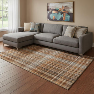 HomeRoots 9' X 12' Terra Cotta & Gray Plaid Washable Area Rug - Stain Resistant, UV Protected for Homes 648315