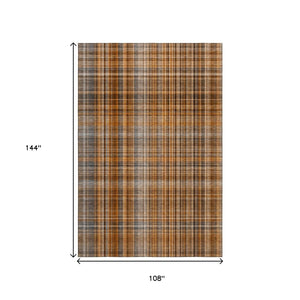 HomeRoots 9' X 12' Terra Cotta & Gray Plaid Washable Area Rug - Stain Resistant, UV Protected for Homes 648315