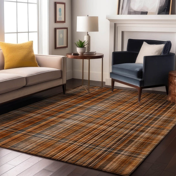 HomeRoots 10' X 14' Terra Cotta & Gray Plaid Washable Area Rug - Durable, UV-Protected, Stylish for Any Space! 648316