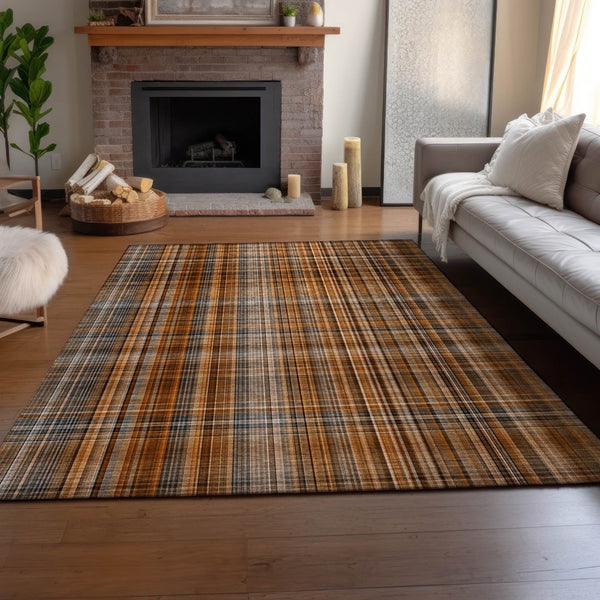 HomeRoots 10' X 14' Terra Cotta & Gray Plaid Washable Area Rug - Durable, UV-Protected, Stylish for Any Space! 648316