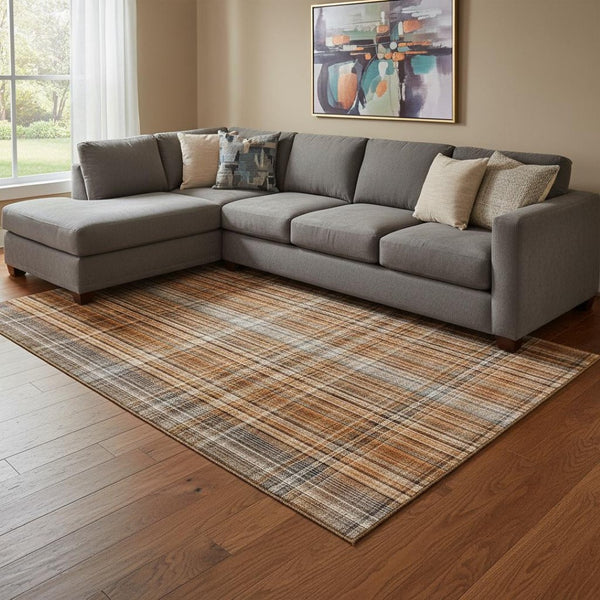 HomeRoots 10' X 14' Terra Cotta & Gray Plaid Washable Area Rug - Durable, UV-Protected, Stylish for Any Space! 648316