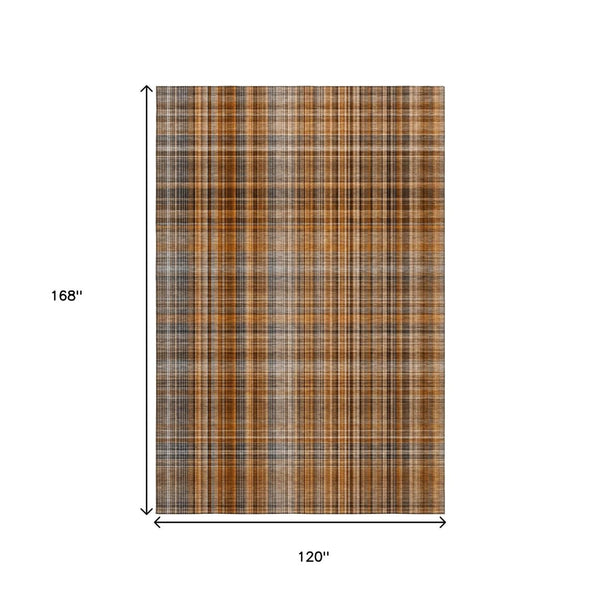 HomeRoots 10' X 14' Terra Cotta & Gray Plaid Washable Area Rug - Durable, UV-Protected, Stylish for Any Space! 648316