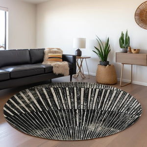 HomeRoots 8' Black And Ivory Geometric Round Rug - Stylish, Washable, UV-Protected, Perfect for Modern Spaces 648319