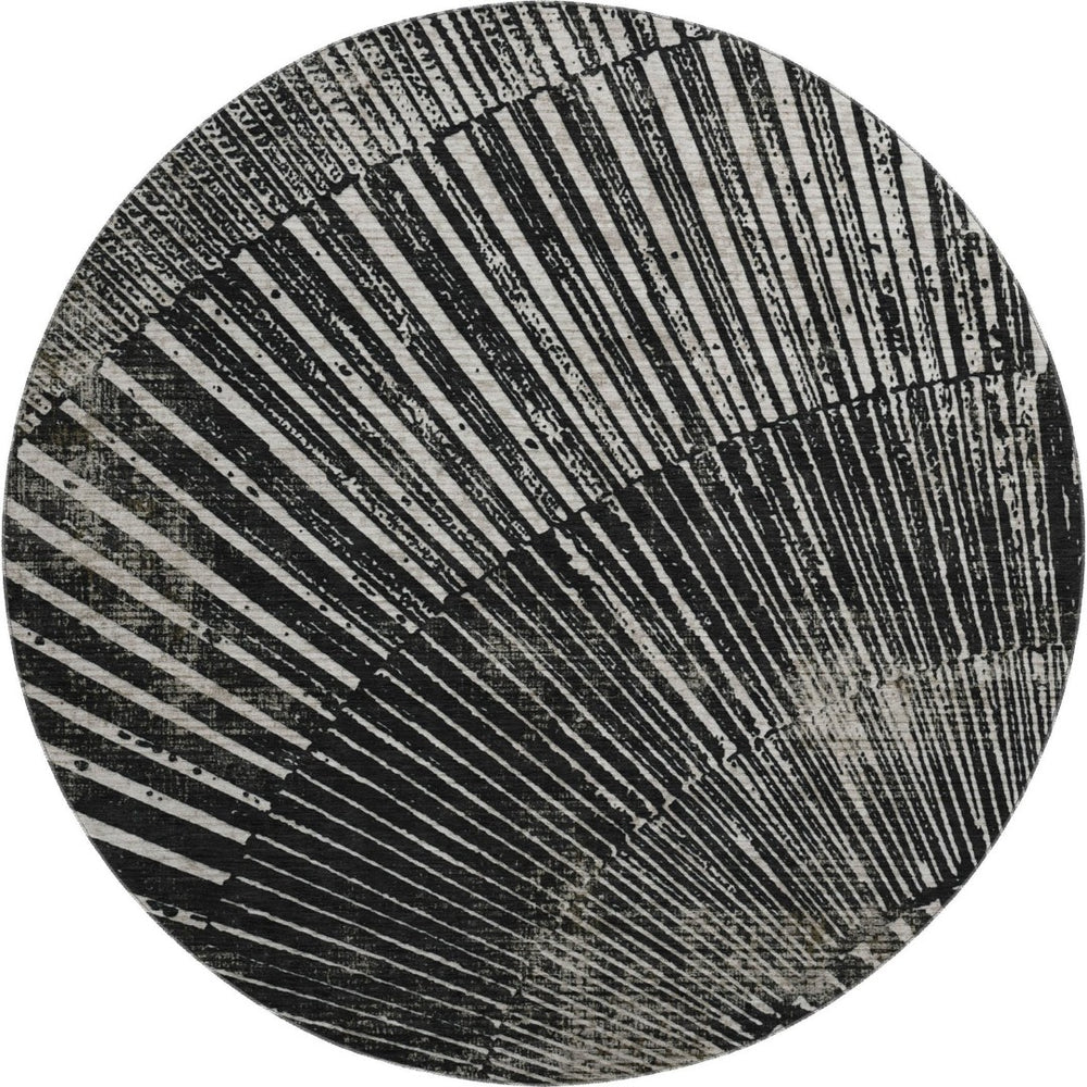 HomeRoots 8' Black And Ivory Geometric Round Rug - Stylish, Washable, UV-Protected, Perfect for Modern Spaces 648319
