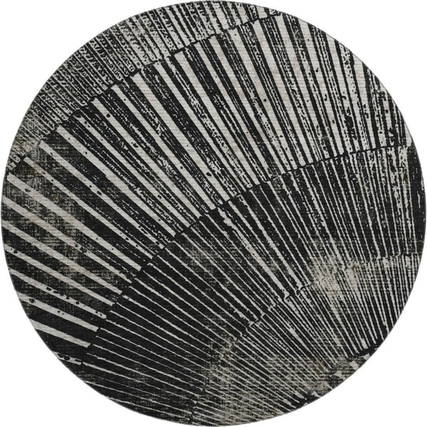 HomeRoots 8' Black And Ivory Geometric Round Rug - Stylish, Washable, UV-Protected, Perfect for Modern Spaces 648319