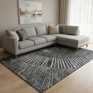HomeRoots 8' X 10' Black And Ivory Geometric Area Rug - Washable, UV Protected, Stylish for High-Traffic Spaces 648320