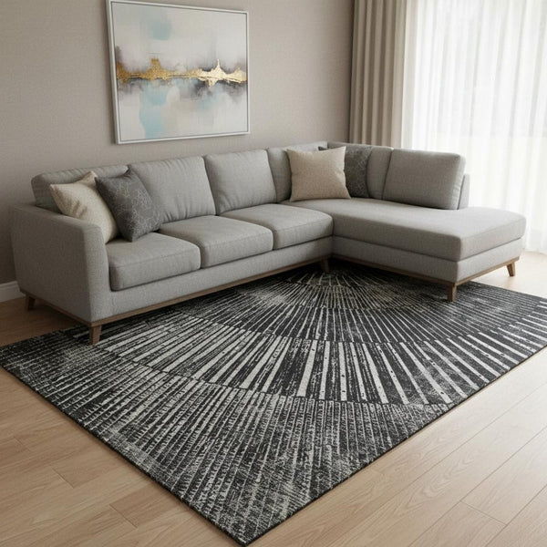 HomeRoots 8' X 10' Black And Ivory Geometric Area Rug - Washable, UV Protected, Stylish for High-Traffic Spaces 648320