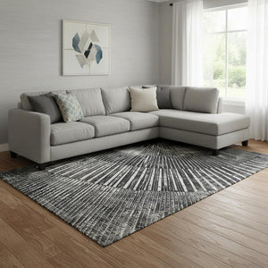 HomeRoots 9' X 12' Stylish Black and Ivory Geometric Area Rug - Washable, Stain-Resistant, UV Protected Design 648321