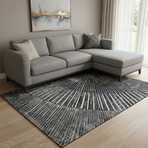 HomeRoots 10' X 14' Black And Ivory Geometric Area Rug - Washable, UV Protected, Perfect For High-Traffic Spaces 648322