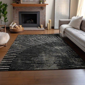 HomeRoots 10' X 14' Black And Ivory Geometric Area Rug - Washable, UV Protected, Perfect For High-Traffic Spaces 648322
