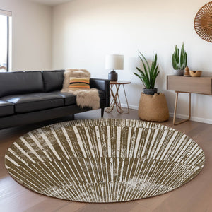 HomeRoots 8' Chocolate and Ivory Geometric Washable Round Rug - Durable, UV-Protected, Perfect for High-Traffic Areas 648325