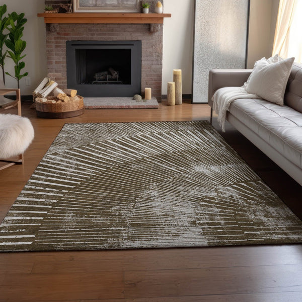 HomeRoots 9' X 12' Chocolate and Ivory Geometric Area Rug – Stylish, Washable, Stain-Resistant with UV Protection 648327