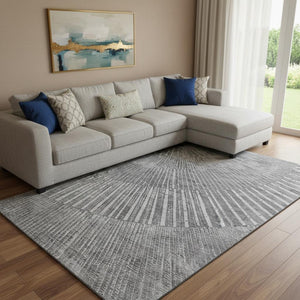 HomeRoots 8' X 10' Gray and Ivory Geometric Washable Area Rug - Durable, Stain Resistant, UV Protected Design 648332