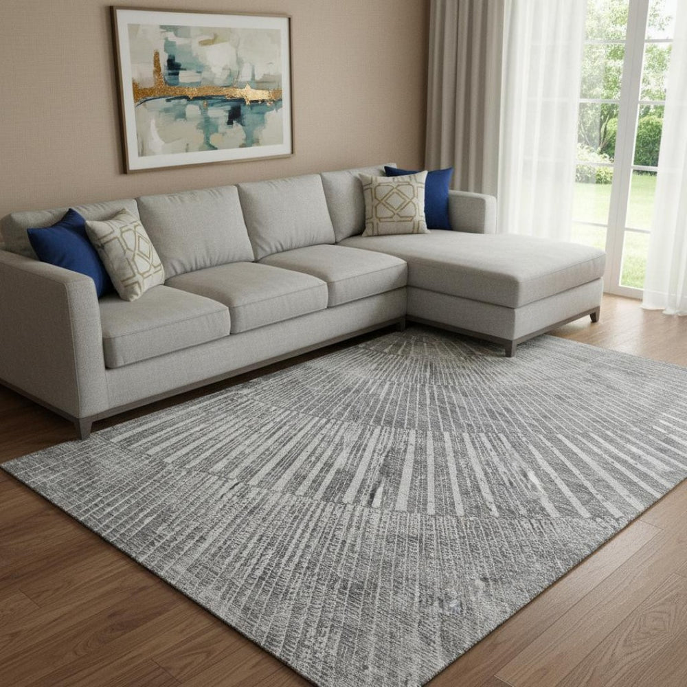HomeRoots 9' X 12' Gray and Ivory Geometric Area Rug - Washable, UV Protected, Perfect for High-Traffic Spaces! 648333