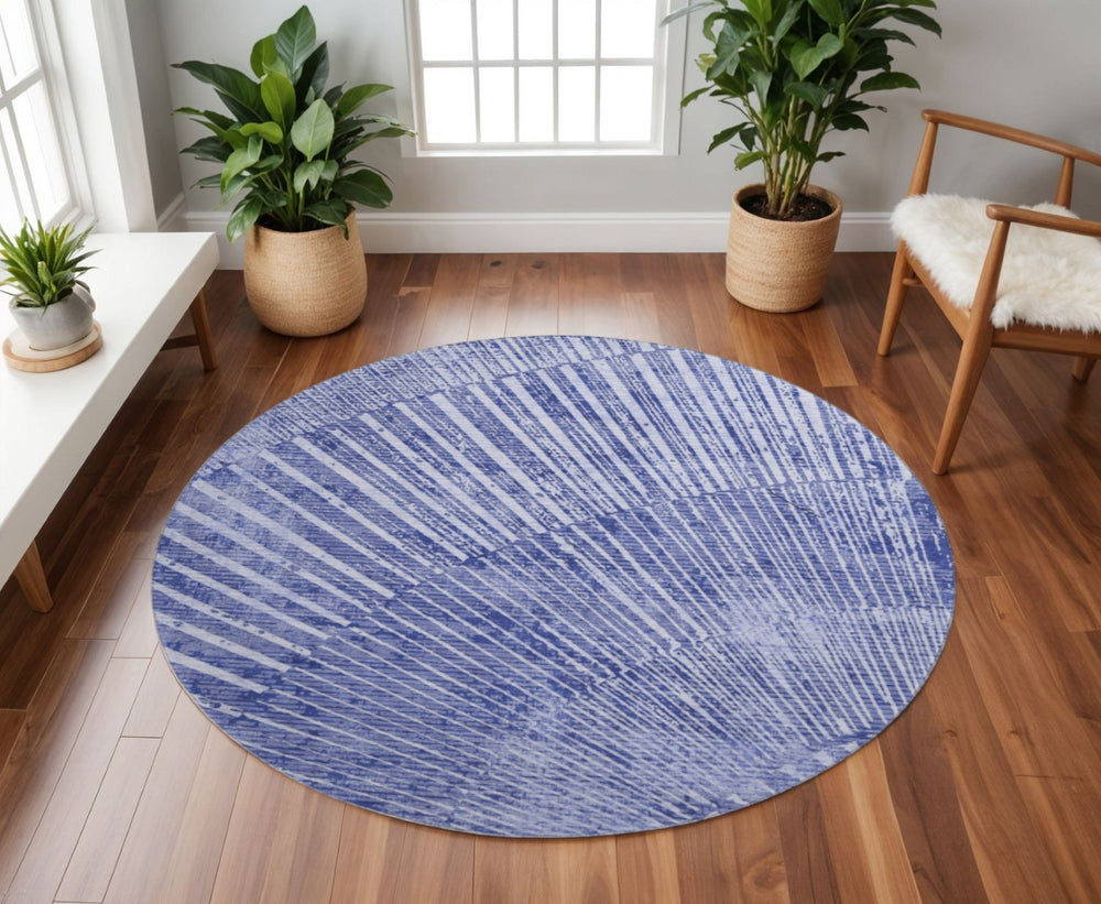 HomeRoots 8' Navy Blue and Ivory Geometric Round Rug - Washable, UV-Protected, Durable Design for Home Comfort 648337