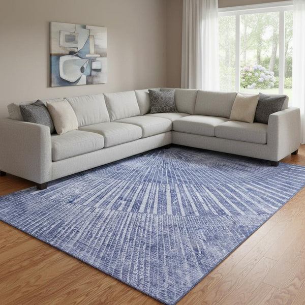 HomeRoots 9' X 12' Navy Blue Geometric Area Rug – Washable, UV Protected, Stylish for High-Traffic Spaces 648339