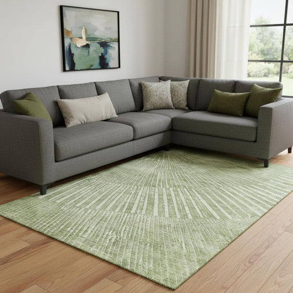 HomeRoots 9' X 12' Sage and Ivory Geometric Washable Area Rug with UV Protection for Modern Living Spaces 648345