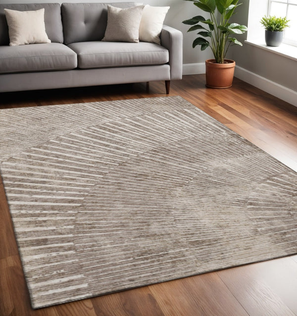 HomeRoots 5' X 8' Taupe & Ivory Geometric Area Rug - Soft, Stain Resistant, UV Protected for High-Traffic Spaces 648348