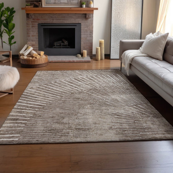 HomeRoots 5' X 8' Taupe & Ivory Geometric Area Rug - Soft, Stain Resistant, UV Protected for High-Traffic Spaces 648348