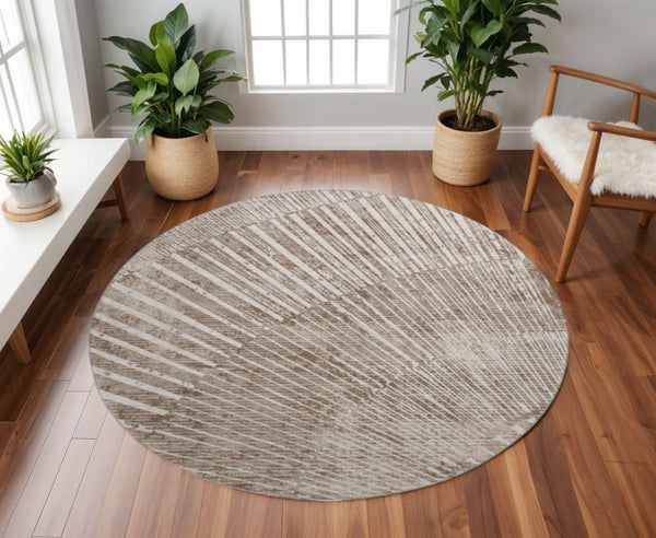 HomeRoots 8' Taupe and Ivory Geometric Round Rug - Stylish, Washable, Stain-Resistant, UV Protected for Homes 648349