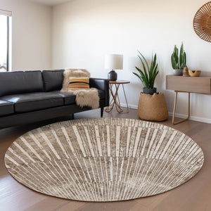HomeRoots 8' Taupe and Ivory Geometric Round Rug - Stylish, Washable, Stain-Resistant, UV Protected for Homes 648349