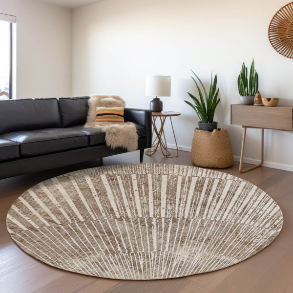 HomeRoots 8' Taupe and Ivory Geometric Round Rug - Stylish, Washable, Stain-Resistant, UV Protected for Homes 648349