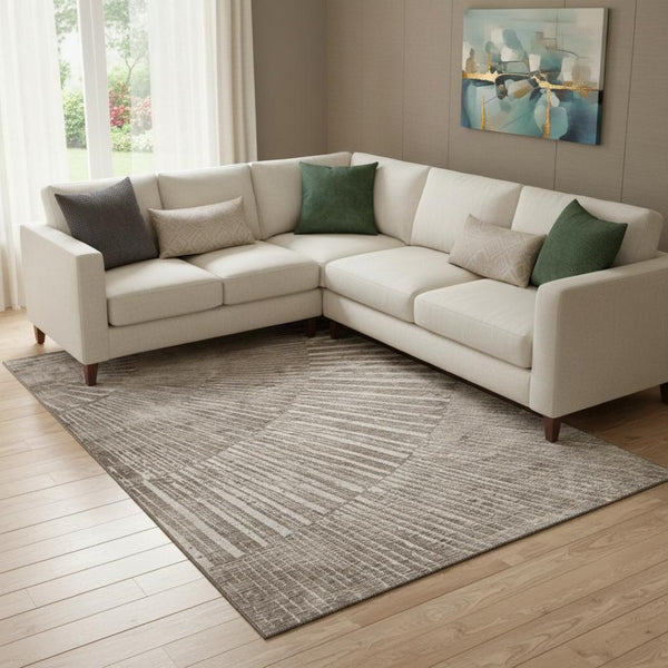 HomeRoots 9' X 12' Taupe & Ivory Geometric Area Rug - Durable, Washable, UV-Protected for Modern Living Spaces 648351