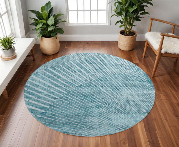 HomeRoots 8' Teal and Ivory Round Rug – Stylish, Washable, UV-Protected, Durable for Indoor/Outdoor Use! 648355