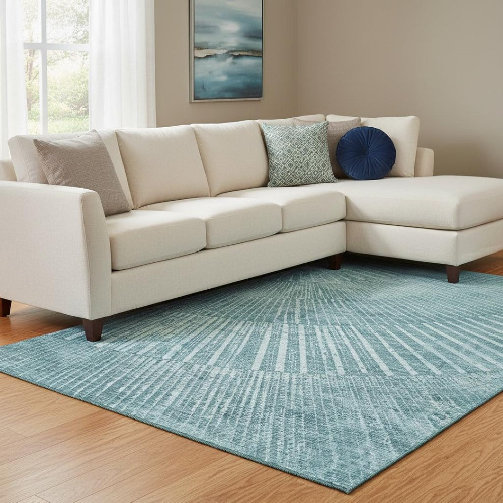 HomeRoots 8' X 10' Teal And Ivory Geometric Area Rug – Durable, Washable, UV-Protected Design for Modern Spaces 648356