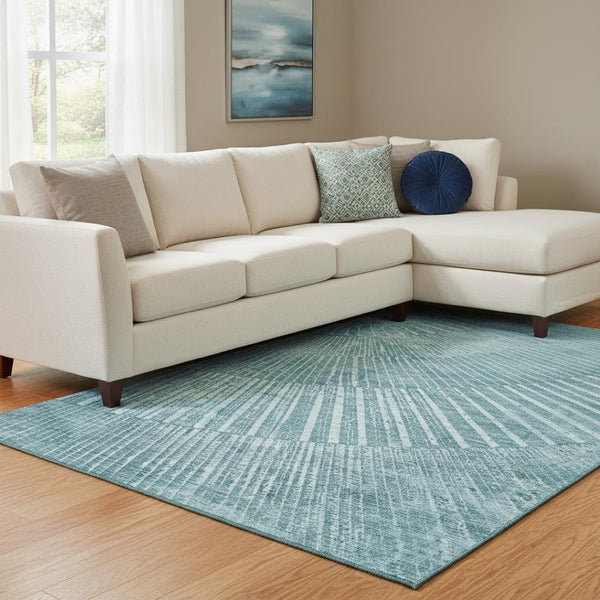 HomeRoots 8' X 10' Teal And Ivory Geometric Area Rug – Durable, Washable, UV-Protected Design for Modern Spaces 648356