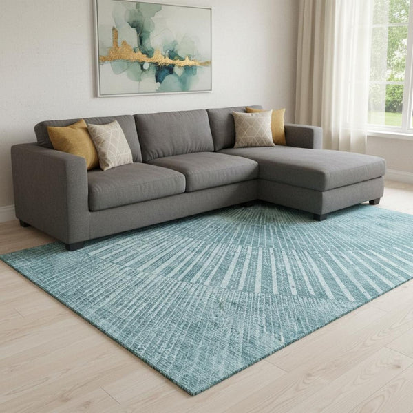 HomeRoots 9' X 12' Teal & Ivory Geometric Area Rug - Washable, UV-Protected, Stain-Resistant for Busy Homes 648357