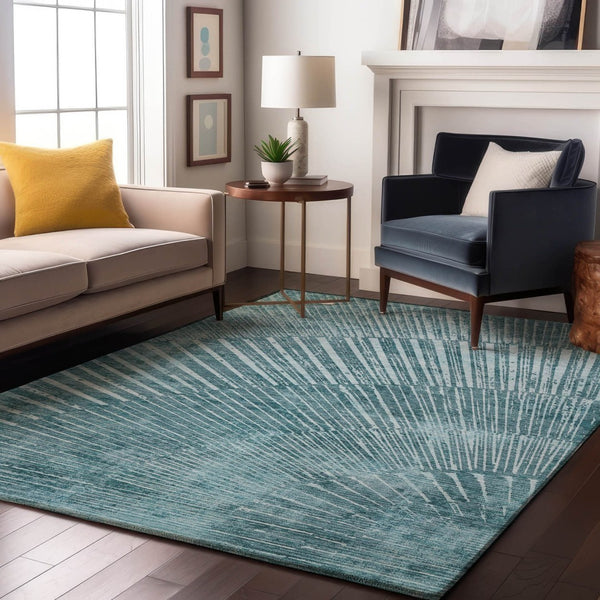 HomeRoots 10' X 14' Teal And Ivory Geometric Area Rug - Washable, UV Protected, Durable & Stylish for Every Room! 648358