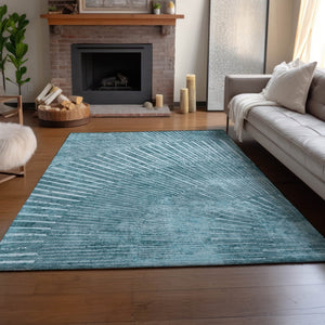 HomeRoots 10' X 14' Teal And Ivory Geometric Area Rug - Washable, UV Protected, Durable & Stylish for Every Room! 648358