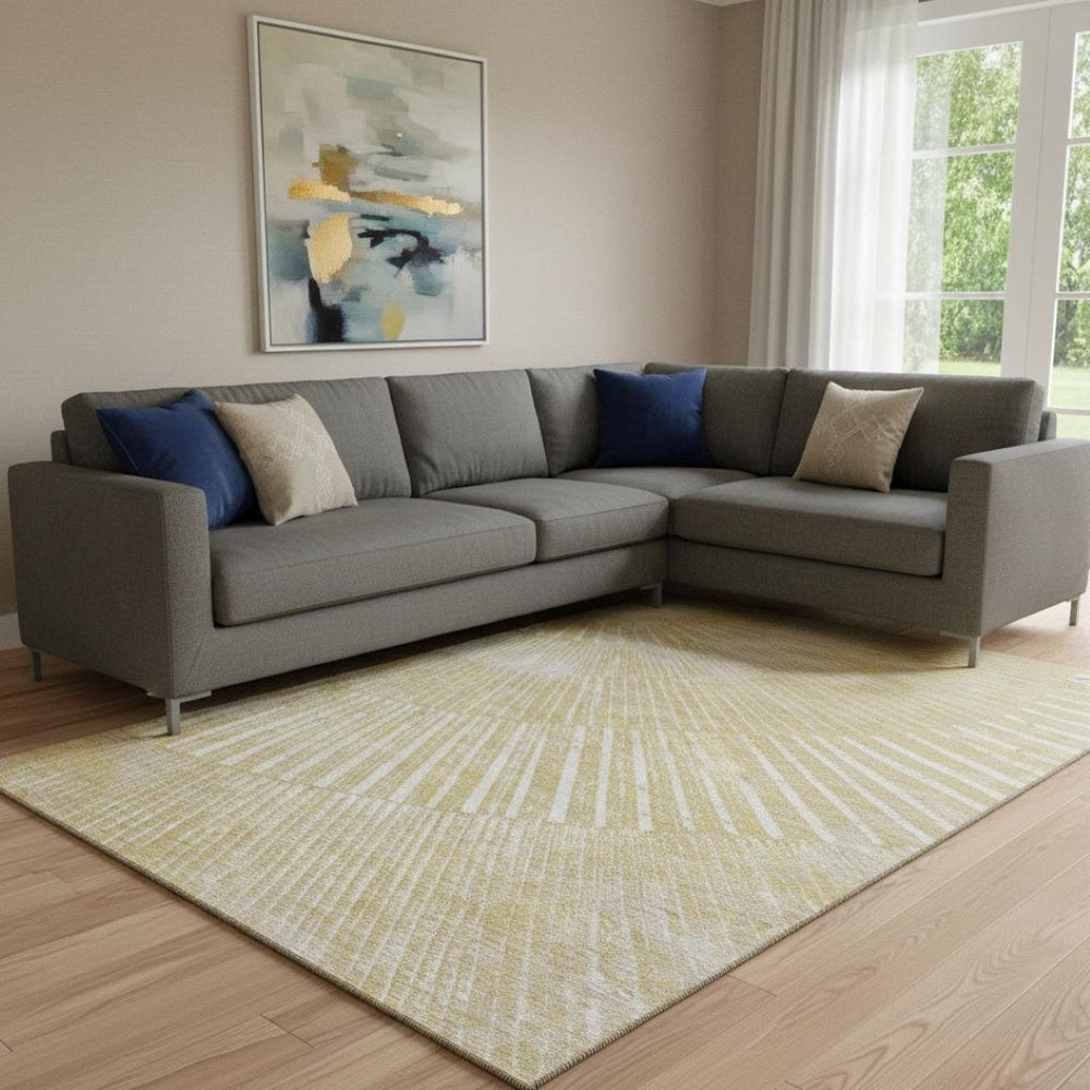 HomeRoots 8' X 10' Washable Wheat and Beige Geometric Area Rug with UV Protection for Modern Living Spaces 648362