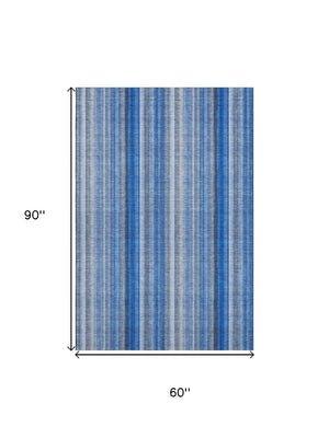 HomeRoots 5' Blue & Ivory Striped Washable Area Rug - UV Protected, Stain Resistant, Perfect for High-Traffic Areas 648366