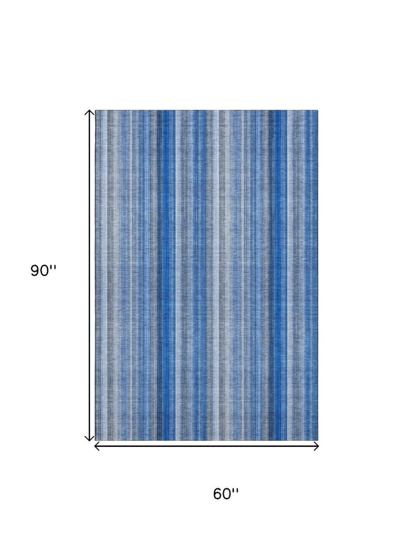 HomeRoots 5' Blue & Ivory Striped Washable Area Rug - UV Protected, Stain Resistant, Perfect for High-Traffic Areas 648366