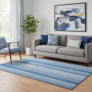 HomeRoots 5' Blue & Ivory Striped Washable Area Rug - UV Protected, Stain Resistant, Perfect for High-Traffic Areas 648366