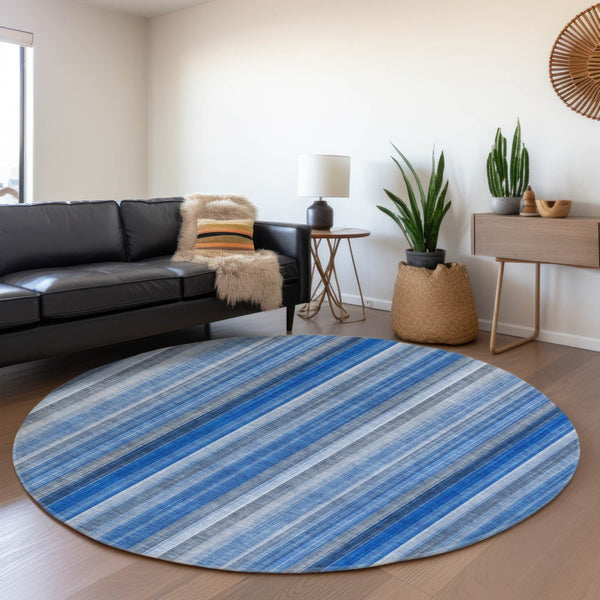HomeRoots 8' Blue and Ivory Striped Washable Round Rug - UV Protected, Stain Resistant, Perfect for Busy Homes 648367