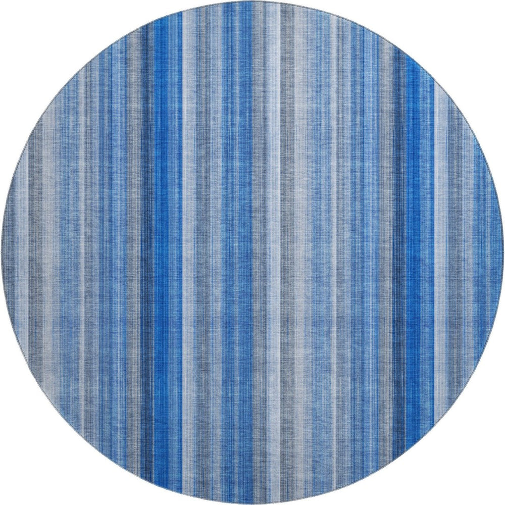 HomeRoots 8' Blue and Ivory Striped Washable Round Rug - UV Protected, Stain Resistant, Perfect for Busy Homes 648367