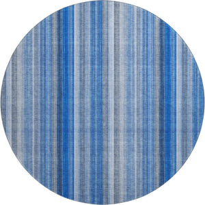 HomeRoots 8' Blue and Ivory Striped Washable Round Rug - UV Protected, Stain Resistant, Perfect for Busy Homes 648367
