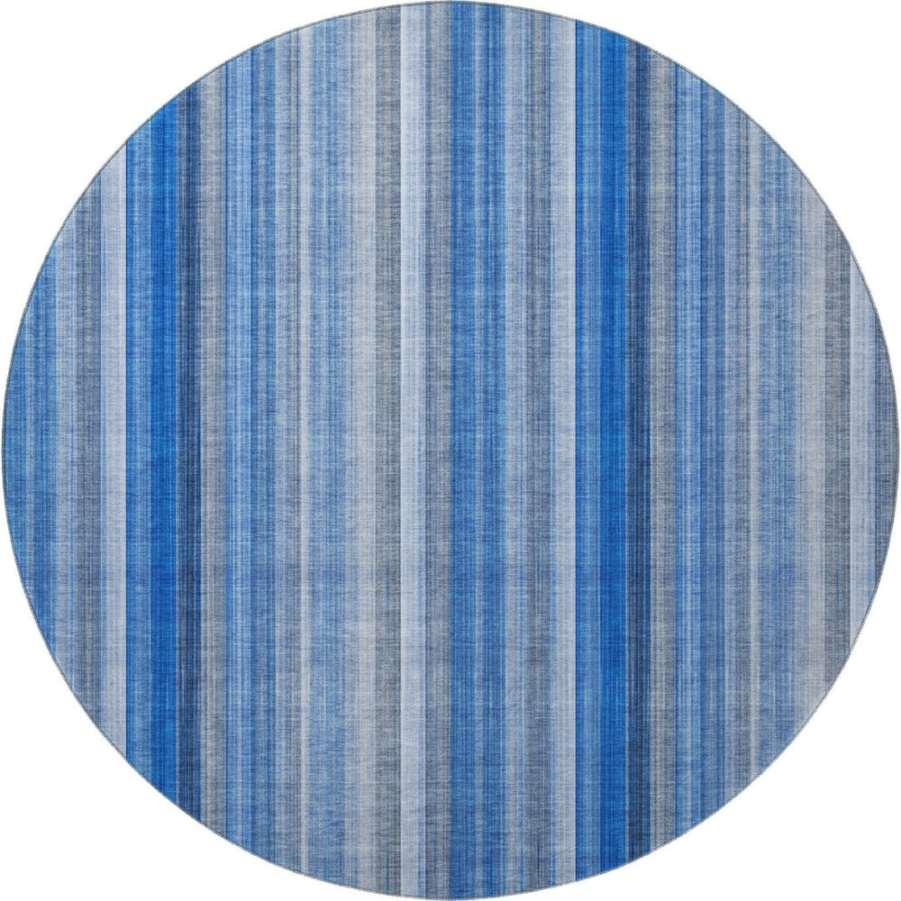 HomeRoots 8' Blue and Ivory Striped Washable Round Rug - UV Protected, Stain Resistant, Perfect for Busy Homes 648367