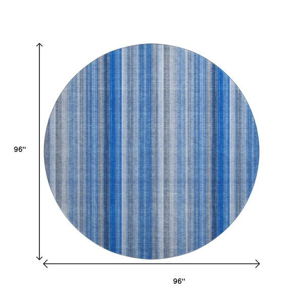 HomeRoots 8' Blue and Ivory Striped Washable Round Rug - UV Protected, Stain Resistant, Perfect for Busy Homes 648367
