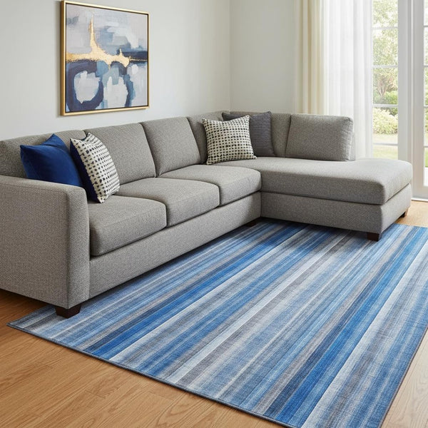 HomeRoots 8' X 10' Coastal Blue and Ivory Striped Area Rug - Washable, UV-Protected, Stain-Resistant Design 648368