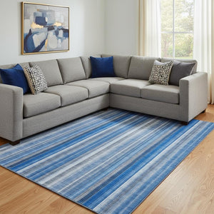 HomeRoots 9' X 12' Stylish Blue and Ivory Striped Washable Area Rug with UV Protection for High-Traffic Areas 648369