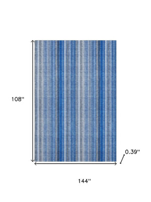 HomeRoots 9' X 12' Stylish Blue and Ivory Striped Washable Area Rug with UV Protection for High-Traffic Areas 648369
