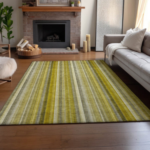 HomeRoots 5' X 8' Gold and Ivory Striped Washable Area Rug – Durable, Stylish, UV-Protected for Everyday Living 648372
