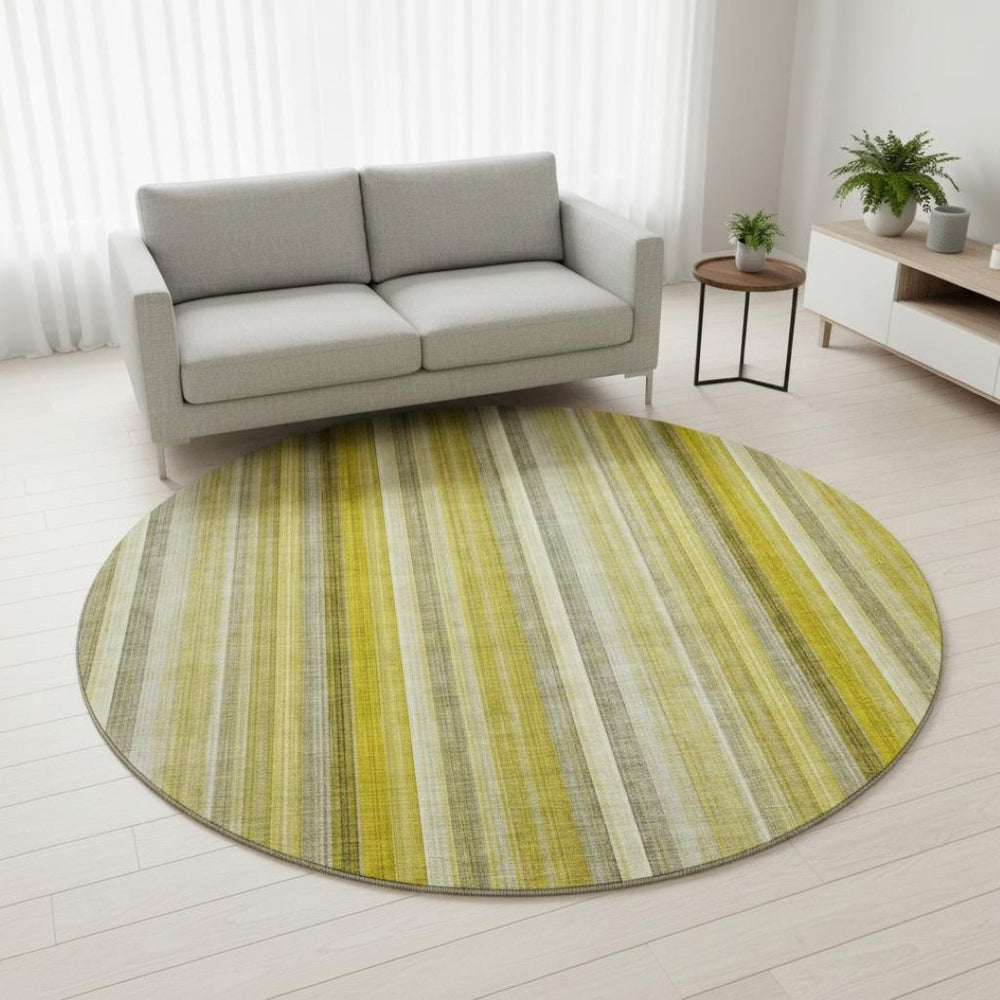 HomeRoots 8' Gold and Ivory Striped Washable Round Rug - UV Protected, Durable, Easy-Care Design for Any Space 648373