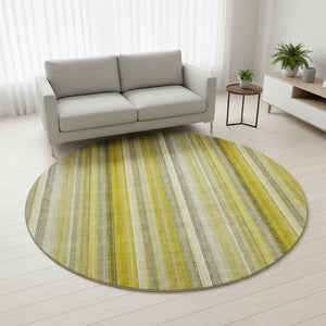HomeRoots 8' Gold and Ivory Striped Washable Round Rug - UV Protected, Durable, Easy-Care Design for Any Space 648373