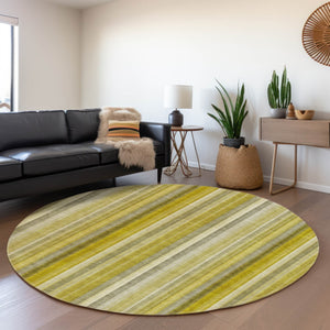 HomeRoots 8' Gold and Ivory Striped Washable Round Rug - UV Protected, Durable, Easy-Care Design for Any Space 648373